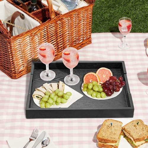 Large Black Solid Wood Decorative Ottoman Tray, 17 x 13 x 2 Inches