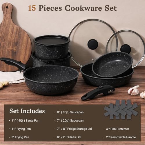 SODAY 15Pcs Pots and Pans Set Non Stick, Detachable Handle, Induction
