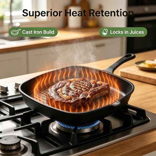 Cast Iron Grill Pan, 9.5" Square Griddle Skillet with Pour Spout, Oven Safe