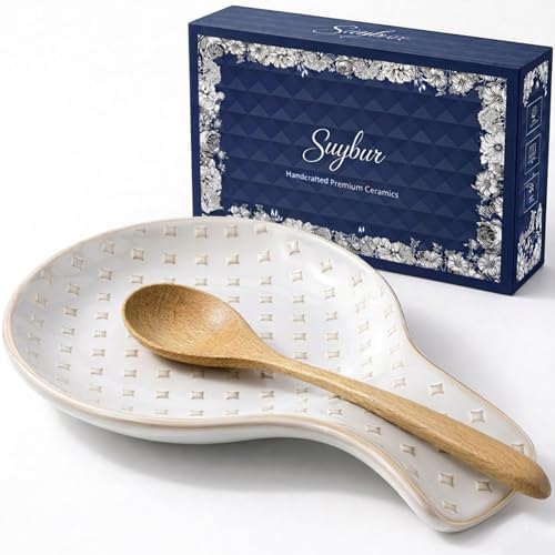 Ceramic Spoon Rest for Stove Top, Farmhouse Cooking Spoon Holder for