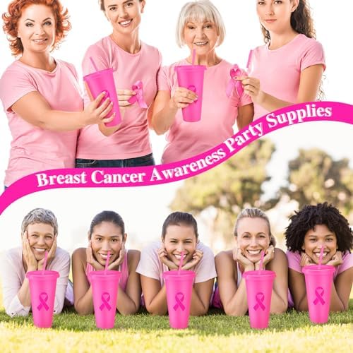 12 Pcs Breast Cancer Awareness Tumblers with Lids and Straws 24 oz
