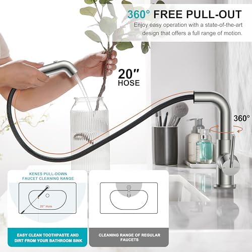 KENES 1 Hole Pull Out Bathroom Faucet, Brushed Nickel
