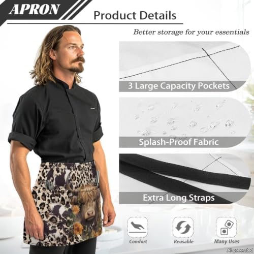 Server Apron with 3 Pockets, Waterproof Oil Waitress Waiter Half Apron