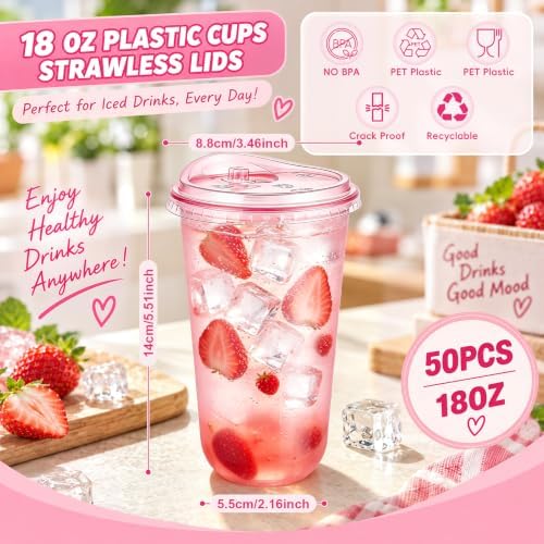 KesaPlan 50 Pack 18 oz Pink Round Bottom Plastic Party Cups with Sip