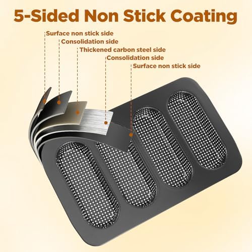 2 Pcs Hot Dog Bun Pan, 4 Cavity Perforated Carbon Steel Bread Loaf