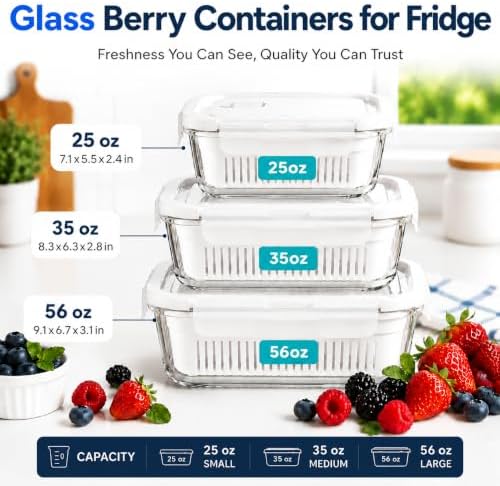 Glass Berry Containers for Fridge, 3 Pack (White)