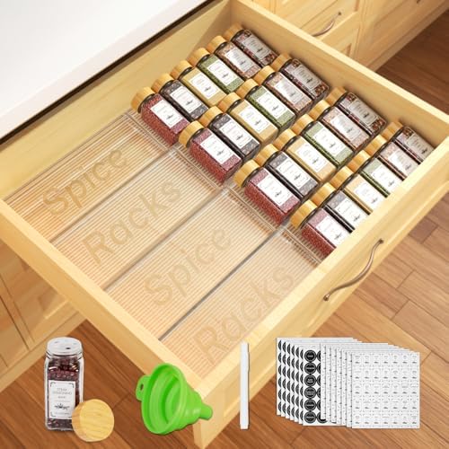 24 Spice Jars with Spice Drawer Organizer, 355 Spice Labels, 2 Pack