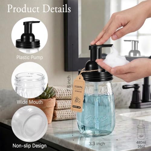 Amolliar 16 Oz Glass Mason Jar Foaming Soap Dispenser, Black, 1 Pack