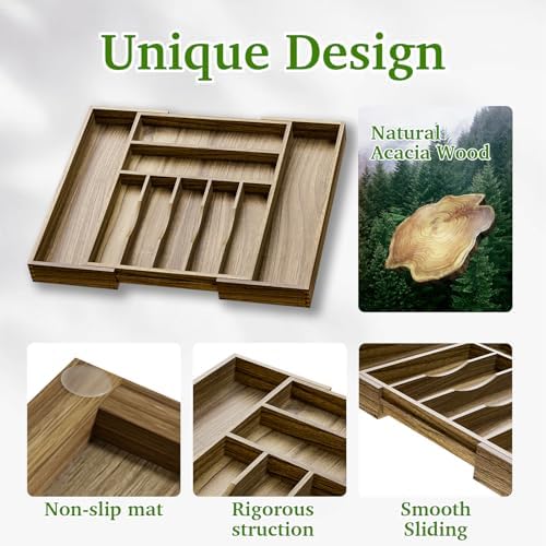 Kiasthome Acacia Wood Kitchen Silverware Drawer Organizer, Expandable