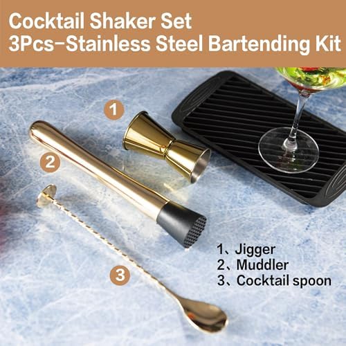 JNWINOG 3-Pcs Gold Muddler & Mixing Tools Set, 10" Muddler, 12"