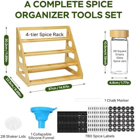 4Tier Bamboo Spice Rack Organizer with 28 Glass Spice Jars Empty 4 oz