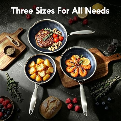 BRASA,3PCS,Nonstick Frying Pan Set,7.87in+9.45in+11.02in,Stainless Steel Pan Set,Skillet set Ceramic Nonstick Cookware set,Compatible Gas,Induction Dishwasher Safe PFOS,PFOA Free Frying Pan Set
