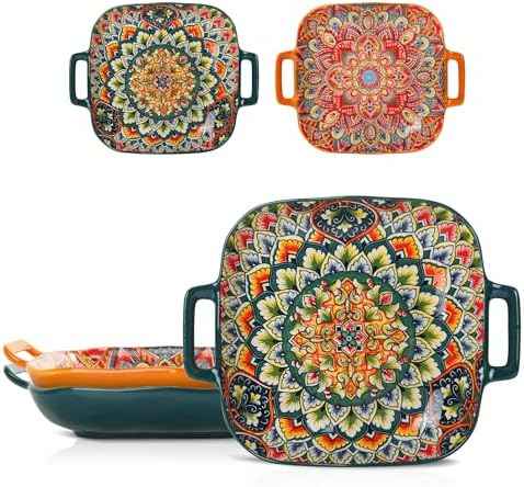 Ceramic Serving Platter with Handles, Set of 2, Bohemian Ceramic Plate,Square Dinner Plate,Colorful Salad Dish,Retro Fruit Plate (Green + Orange)