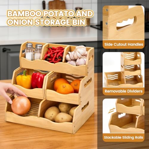 Bamboo Potato Onion Storage Bins, 3 Tier Stackable Produce Basket