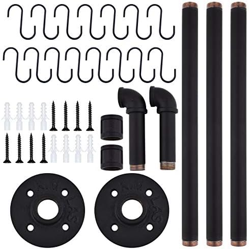 TLBTEK 50 inch Black Pipe Pot Bar Rack Wall Mounted Detachable Pans Hanging Rail Kitchen Lids Utensils Hanger Holders with 15 S Hooks