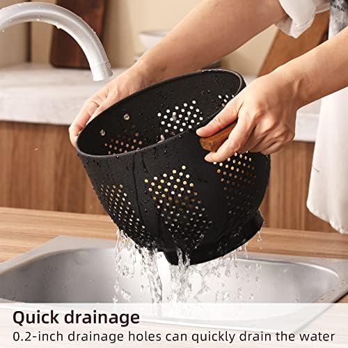 Metal Colander with Wood Handle and Stable Base, Powder Coated Steel