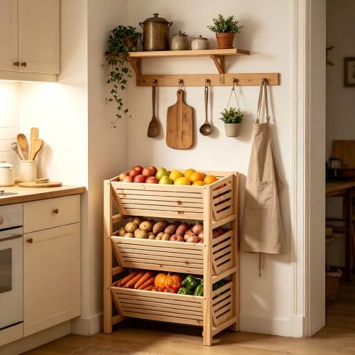 Stackable Potato Onion Storage Bins - Wooden Produce Basket - Fruit