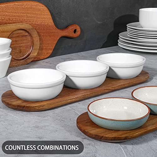 Artena 12 oz Solid Ceramic Chip and Dip Serving Set with Acacia Wooden Tray, 5-inch White Dipping Bowls, Small Serving Bowls for Side Dishes, Salsa, Appetizer, Serving Dishes for Entertaining