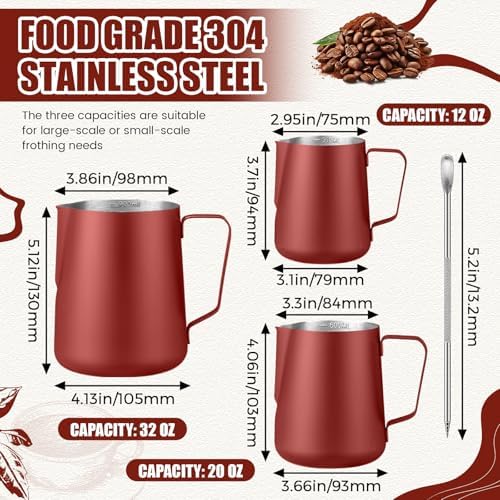 Maxdot 3 Pack Milk Frothing Pitcher Stainless Steel with Scale, Claret