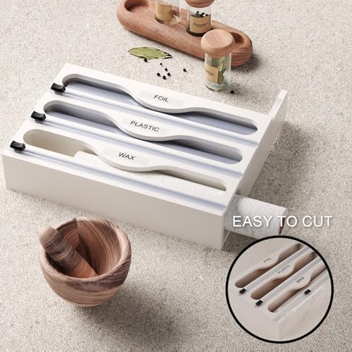Wrap Dispenser with Cutter and Labels, Plastic Wrap Organizer For Kitchen,Bamboo 3-in-1 Wrap Dispensers for Cling Wrap Aluminum Foil and Wax,Storage Organization Holder（White）