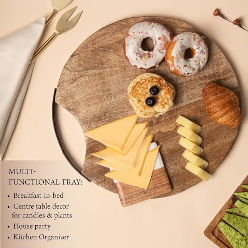 Wooden Round Serving Platter Tray 14'' with Metal Handle | Handmade
