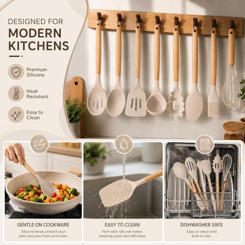 33 PCS Silicone Kitchen Utensils Set, Khaki
