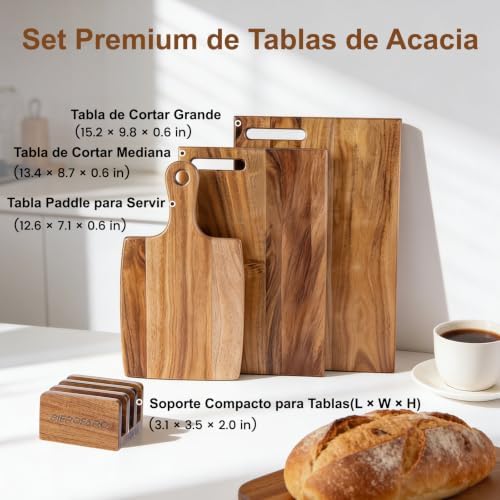 Acacia Wood Cutting Board Set of 3 with Stand, Multi-Size Wooden