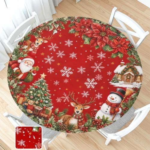 Christmas Red Round Fitted Tablecloth with Elastic for 40-44" Tables