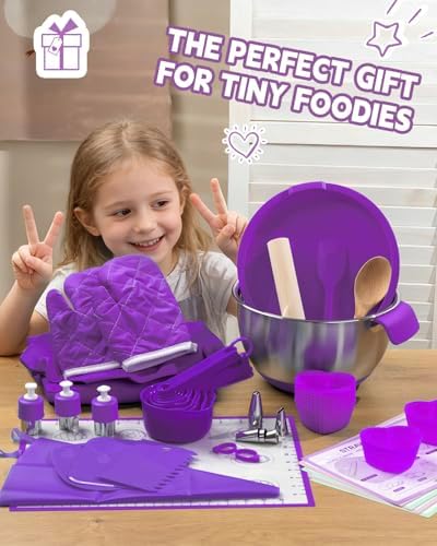 Kids Baking Set with Real Cooking Utensils (Purple)