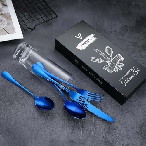 Blue Silverware Set Flatware Cutlery - 20 Pieces Stainless Steel