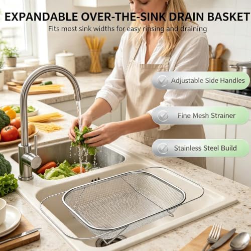 Expandable Over-the-Sink Stainless Steel Drain Basket,L