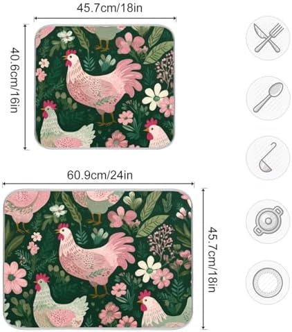 OTVEE Charming Hen Flower Decor Dish Drying Mat for Kitchen Counter