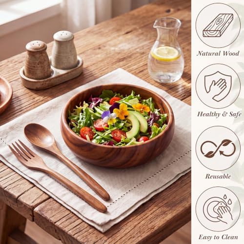 12 Pcs Acacia Wooden Dinnerware Set, 4 Pcs Salad Bowl with Serving