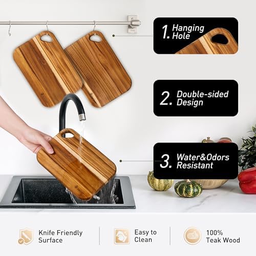 2 Pack Small Teak Wood Cutting Board for Kitchen 8.6" x 6" Mini Wooden