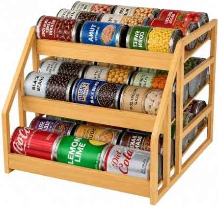 MinBoo 3-Tier Bamboo Can Organizer for Pantry - Holds 36 Cans (9/12/15) - Stackable Canned Food Dispenser with Adjustable Dividers - Gravity-Fed Rolling Storage Rack for Kitchen Cabinets