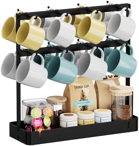Coffee Mug Holder, 2 Tier Metal Mug Rack with 16 Movable Hooks