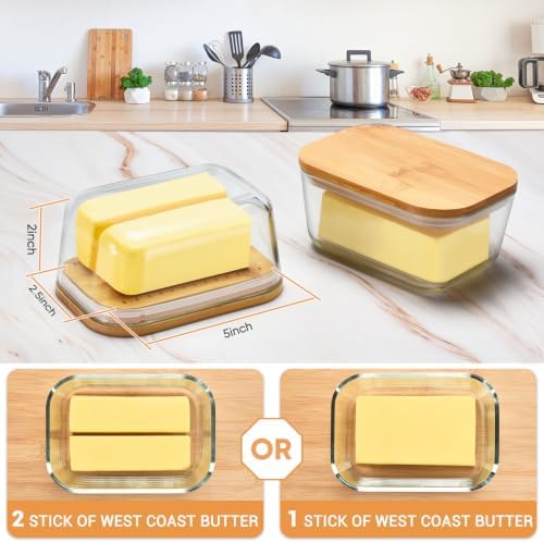 HEKEIEON Glass Butter Dish With Bamboo Sealed Lid - Large Tray for