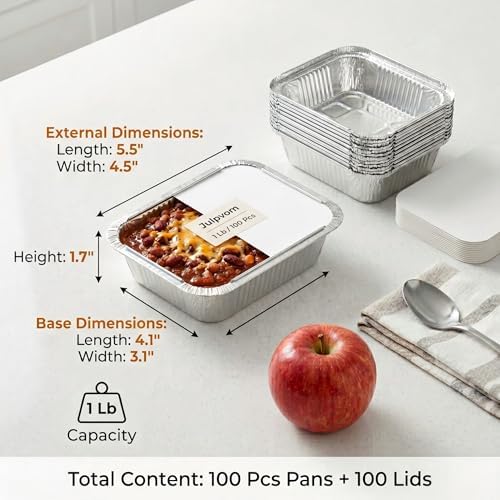 100 Pack 1lb Aluminum Foil Pans with Cardboard Lids, 5.5"x4.5"