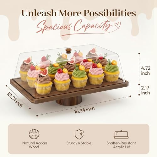 Acacia Wood Cake Stand with Shatterproof Lid, 16" 2-in-1 Rectangle