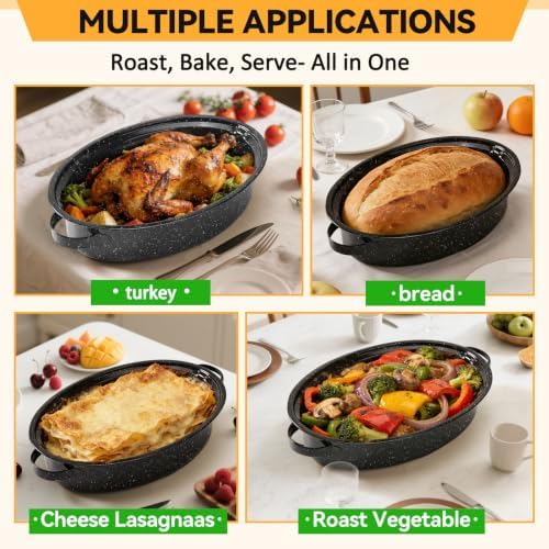 15.4” Turkey Roasting Pan With Rack and Lid, Enamel Carbon Steel