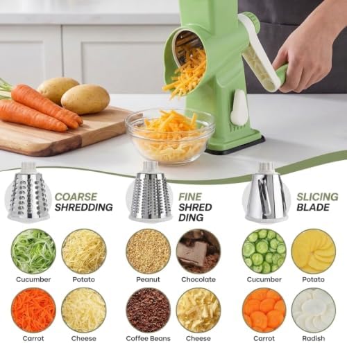 Rotary Cheese Grater and Shredder with 3 Blades