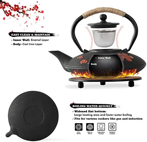 Japanese Style Cast Iron Teapot with Infuser Trivet Tetsubin Kettle