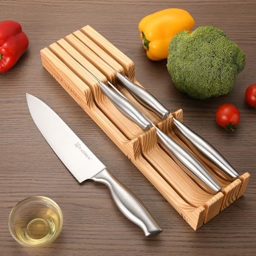 Kitchen Knife Set, 6 Pieces, Pine Knife Block