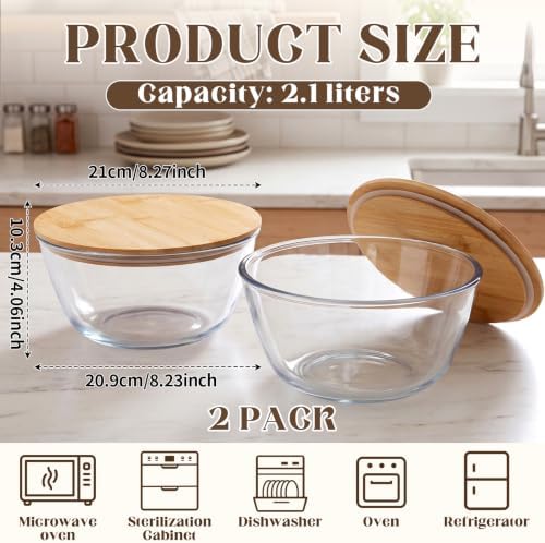 Mifoci 2 Pcs 2.1 Qt Glass Mixing Bowls with Bamboo Lid, Large Salad