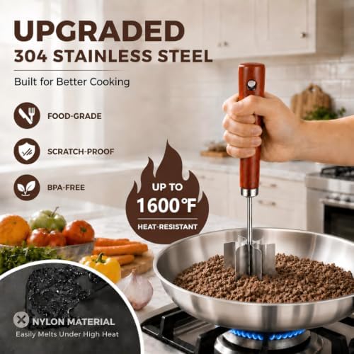 Stainless Steel Meat Masher & Potato Masher, 6 Blades Ground Beef