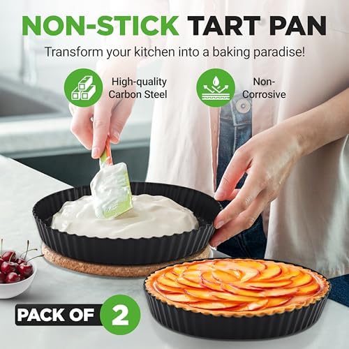 NutriChef 2 Round Tart Pans | 9 Inch Carbon Steel Cheesecake Baking