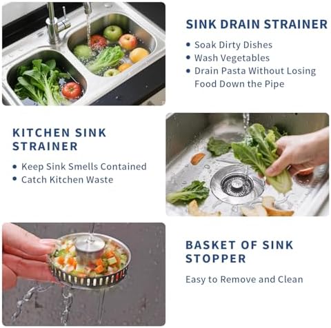 3-in-1 Kitchen Sink Drain Strainer, Stainless Steel, 3-1/2'' Drains