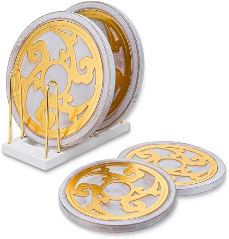 Trivets for Hot Dishes - Set of 4 with Holder | White Washed Wood &