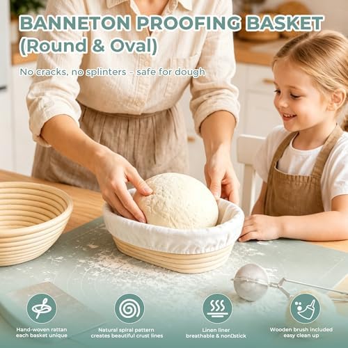 Sourdough Starter Kit, Round & Oval Banneton Baskets, Starter Jar