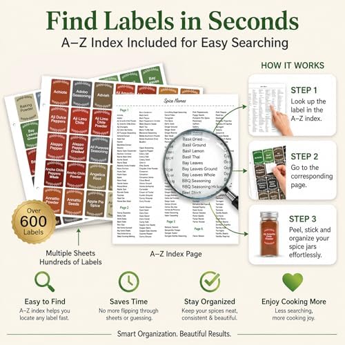 630 Spice Labels Book with A-Z Index, Color Coded Rectangle Pantry